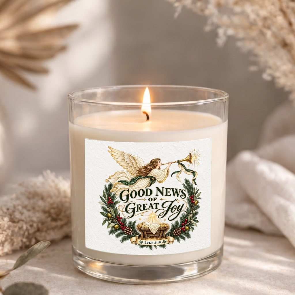 Good News Of Great Joy  Clear Glass Candle 12.5oz