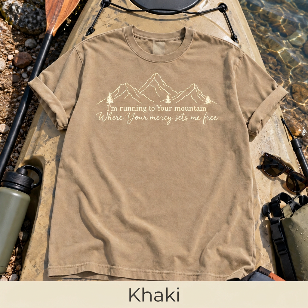 Mercy Sets Me Free T-shirt in Khaki, labeled Khaki