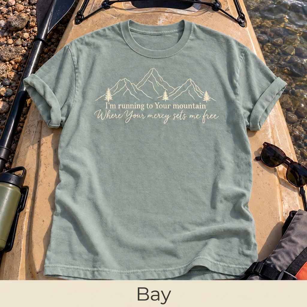 Mercy Sets Me Free T-shirt in Bay, labeled Bay